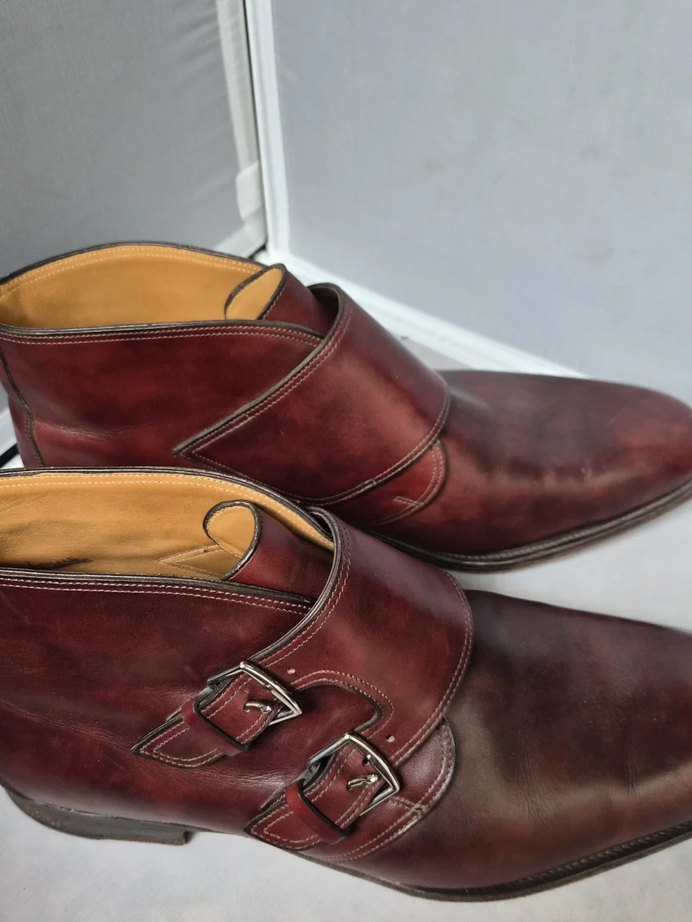 Hermes/John Lobb Double Monk Strap Ankle Boots - Burgundy Calfskin Size 43.5
